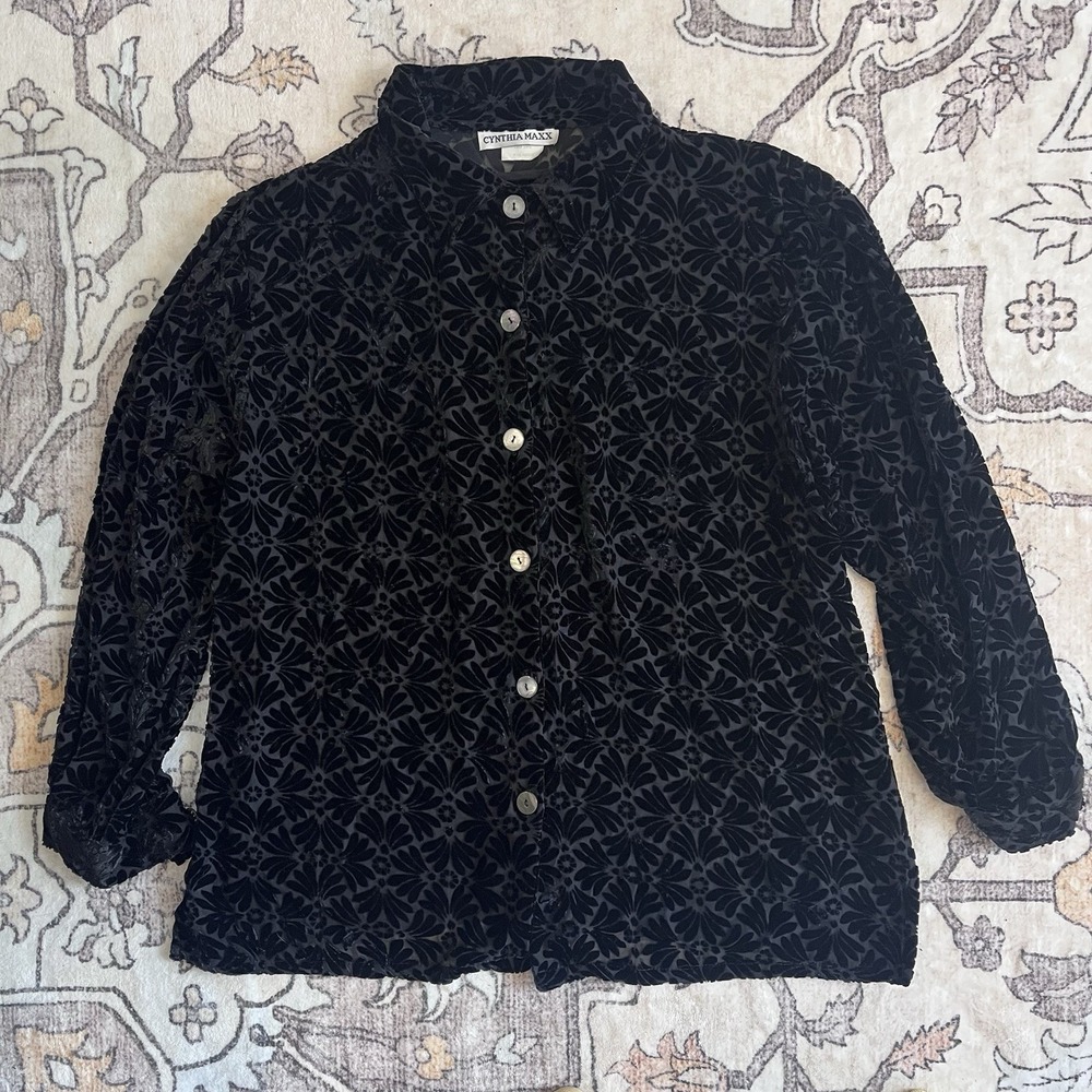 Cynthia Max Sheer Black Velvet Button Up Size XL Whimsy Goth